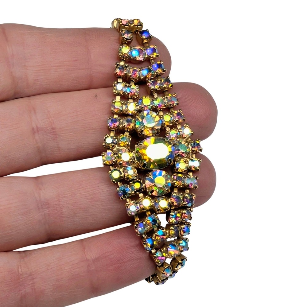 Vintage Aurora Borealis Rhinestone Bracelet Gold Tone Iridescent Statement 6.8in